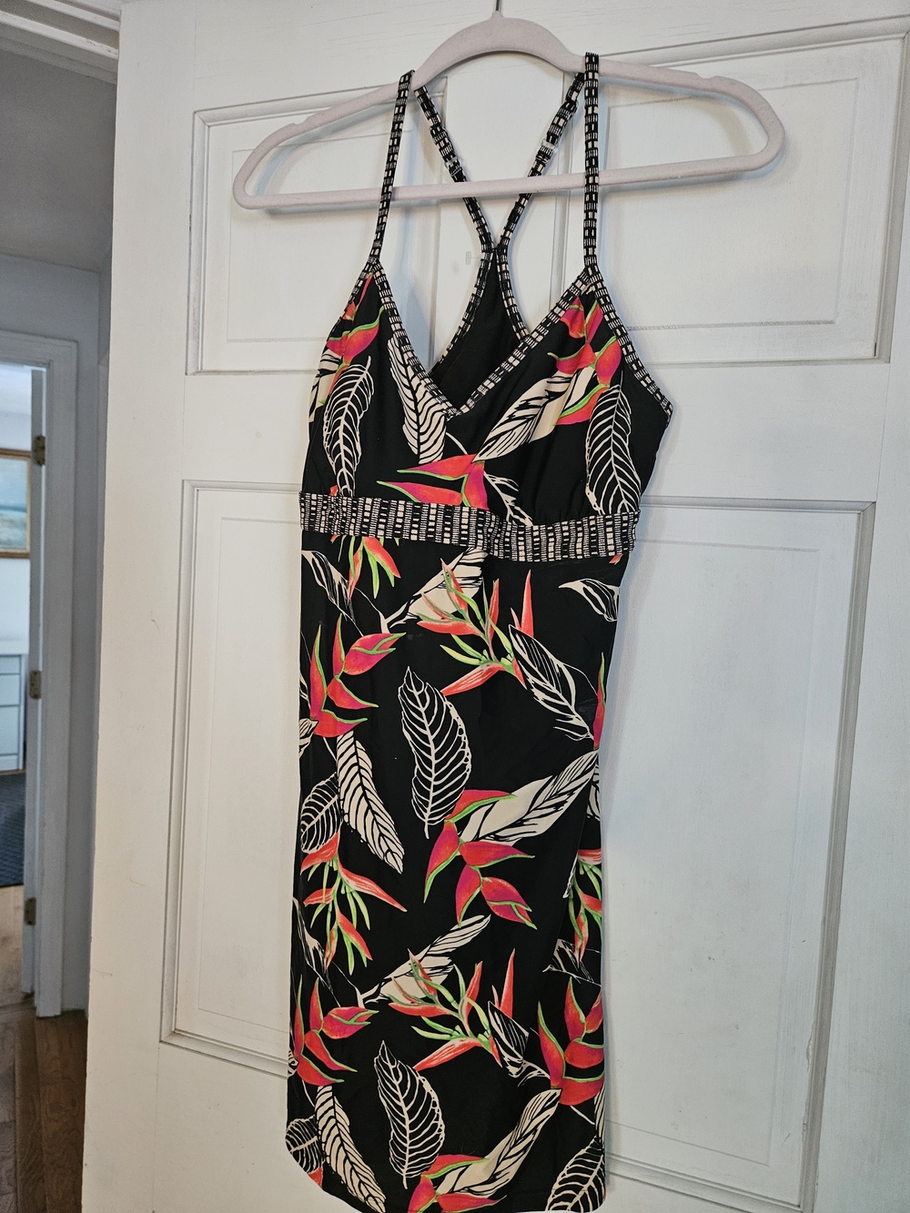 Athleta Black Midi Dress with Pink and Green Tropical Print